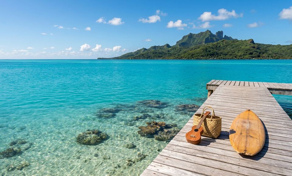 Un ponton de bois sur un lagon turquoise de Polynésie française, avec un ukulélé, un panier tressé et une planche de surf